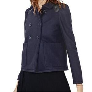 Maje Vie Navy Blue Cropped Leather Accented Pea Coat 36